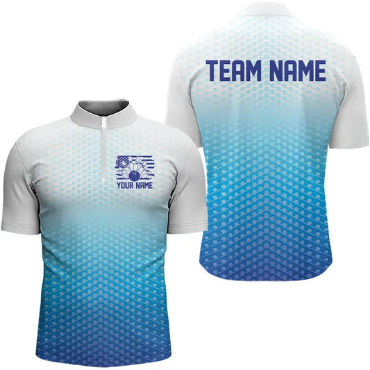Custom Blue US Bowling Quarter-Zip Shirts For Men, Bowling Team Shirts, Bowling Jeyseys With Name IPHW8142
