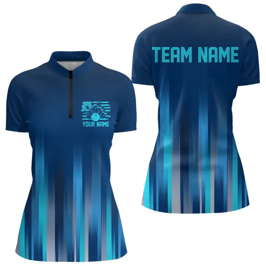 Custom Blue US Bowling Quarter-Zip Shirts For Women, Bowling Team Shirts, Bowling Jeyseys With Name IPHW8143