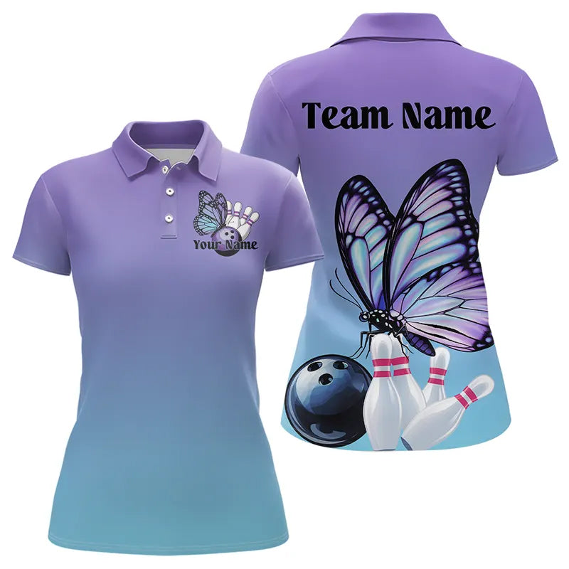 Custom Blue And Purple Gradient Butterfly Bowling Polo Shirts For Women, Bowling Team Shirt IPHW8146