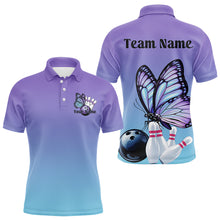 Load image into Gallery viewer, Purple and blue polo shirt with butterfly design and customizable text on a white background
