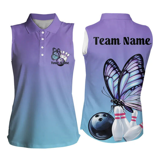 Custom Blue And Purple Gradient Butterfly Bowling Sleeveless Polo Women, Bowling Team Shirt IPHW8146