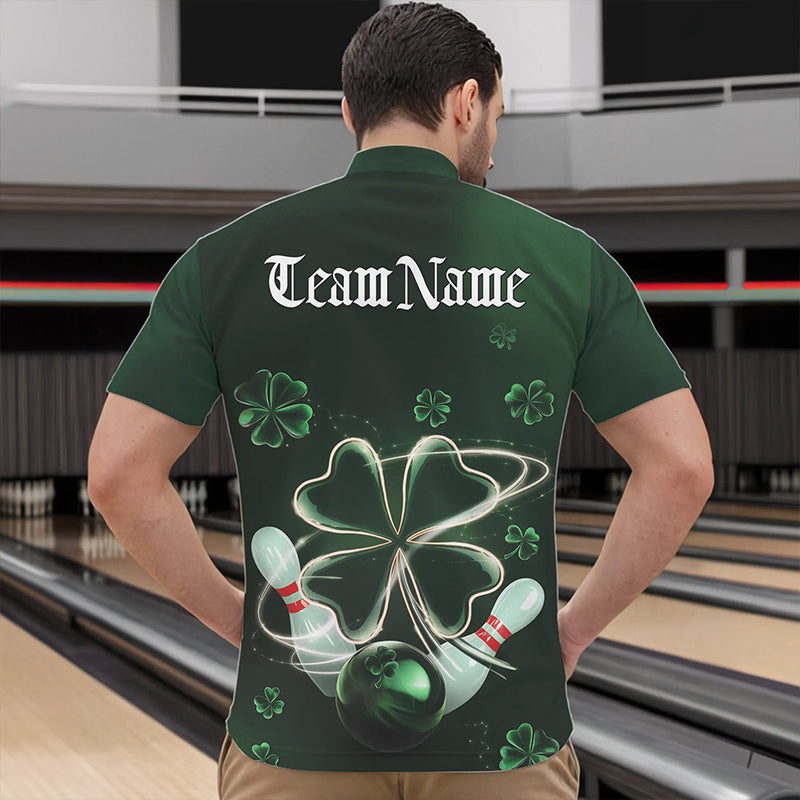 Custom Green Shamprock Saint Patricks Bowling Quarter-Zip Shirts For Men, Lucky Bowling Team Shirt IPHW8572