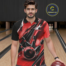 Load image into Gallery viewer, Male model wearing a black and red bowling polo shirt at the lane with energetic bowling strike graphics.