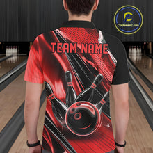 Load image into Gallery viewer, Back view of a male model in a black and red bowling polo shirt showcasing dynamic bowling artwork and motion effects.