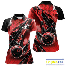 Load image into Gallery viewer, Front and back views of a black and red womens bowling polo shirt showcasing bowling strike artwork with motion streak accents.