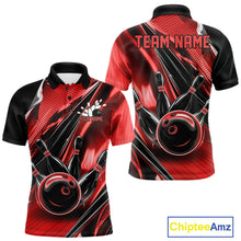 Load image into Gallery viewer, Front and back views of a black and red mens bowling polo shirt featuring bowling ball and pin artwork with fast-moving speed streaks.