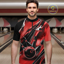Load image into Gallery viewer, Male model wearing a black and red bowling quarter-zip shirt at the lane with dynamic bowling ball and pin artwork.
