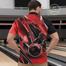 Load image into Gallery viewer, Front view of a male model in a black and red bowling quarter-zip shirt displaying energetic bowling strike motifs.