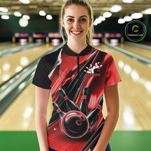 Load image into Gallery viewer, Female model wearing a black and red bowling quarter-zip shirt at the bowling lane with fast-moving bowling ball and pin graphics.