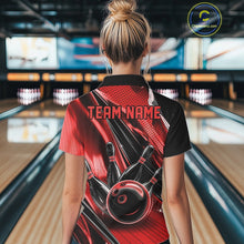 Load image into Gallery viewer, Back view of a female model in a black and red bowling quarter-zip shirt displaying energetic bowling strike artwork with speed streaks.