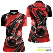 Load image into Gallery viewer, Front and back views of a black and red womens bowling quarter-zip shirt showcasing bowling strike artwork with motion streak accents.