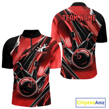 Load image into Gallery viewer, Front and back views of a black and red mens bowling quarter-zip shirt with bowling strike graphics highlighted by speed streaks.