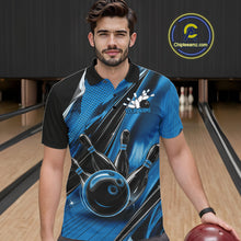 Load image into Gallery viewer, Male model wearing a black and blue bowling polo shirt at the bowling lane with action-packed bowling artwork.