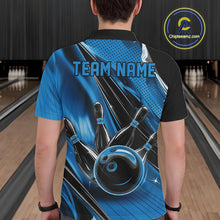 Load image into Gallery viewer, Back view of a male model in a black and blue bowling polo shirt displaying bowling strike graphics with motion streak details.