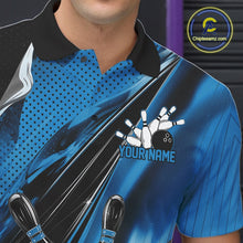 Load image into Gallery viewer, Left chest close-up of a black and blue bowling polo shirt featuring dynamic bowling artwork and speed accents.