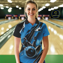 Load image into Gallery viewer, Female model wearing a black and blue bowling polo shirt at the bowling lane with energetic bowling artwork and motion streak accents.