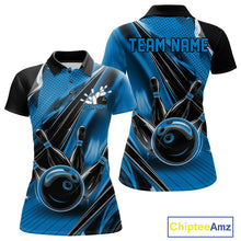 Load image into Gallery viewer, Front and back views of a black and blue womens bowling polo shirt showcasing a bowling ball striking pins with speed streak effects.