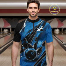 Load image into Gallery viewer, Male model wearing a black and blue bowling quarter-zip shirt at the bowling lane with bowling strike graphics and motion accents.