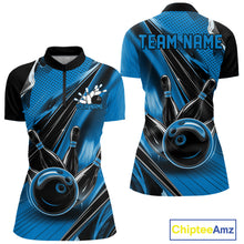 Load image into Gallery viewer, Front and back views of a black and blue womens bowling quarter-zip shirt showcasing a bowling ball striking pins with speed streak effects.