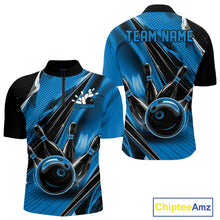 Load image into Gallery viewer, Front and back views of a black and blue mens bowling quarter-zip shirt featuring a bowling ball striking pins with speed streak effects.