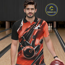 Load image into Gallery viewer, Male model wearing a black and orange bowling polo shirt at the lane with dynamic bowling strike artwork.