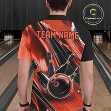 Load image into Gallery viewer, Back view of a male model in a black and orange bowling polo shirt showcasing motion-inspired bowling graphics.