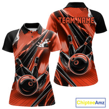 Load image into Gallery viewer, Front and back views of a black and orange womens bowling polo shirt featuring bowling strike graphics with speed streak accents.