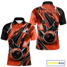 Load image into Gallery viewer, Front and back views of a black and orange mens bowling polo shirt featuring bowling ball and pin graphics with bold speed streak effects.