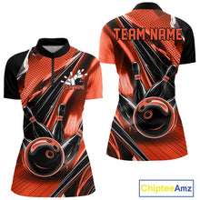Load image into Gallery viewer, Front and back views of a black and orange womens bowling quarter-zip shirt featuring bowling strike graphics with motion streak accents.