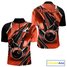 Load image into Gallery viewer, Front and back views of a black and orange mens bowling quarter-zip shirt showcasing bowling strike artwork with speed streak accents.
