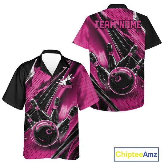Front and back views of a black and pink button-up bowling shirt showcasing a bowling ball striking pins with dynamic speed streak artwork.