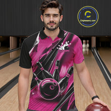 Load image into Gallery viewer, Male model wearing a black and pink bowling polo shirt at the bowling lane with energetic bowling strike artwork.