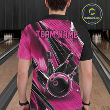 Load image into Gallery viewer, Back view of a male model in a black and pink bowling polo shirt displaying fast-moving bowling graphics with speed streak accents.