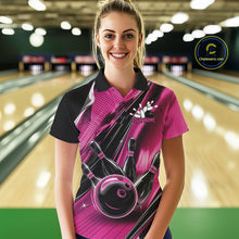 Load image into Gallery viewer, Female model wearing a black and pink bowling polo shirt at the bowling lane with energetic bowling strike graphics.