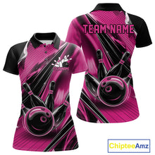 Load image into Gallery viewer, Front and back views of a black and pink womens bowling polo shirt featuring a bowling ball striking pins with dynamic speed streaks.