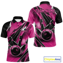 Load image into Gallery viewer, Front and back views of a black and pink mens bowling polo shirt showcasing a bowling ball striking pins with dynamic speed streak graphics.
