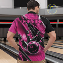 Load image into Gallery viewer, Front view of a male model in a black and pink bowling quarter-zip shirt displaying motion streak bowling artwork.