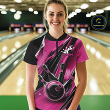 Load image into Gallery viewer, Female model wearing a black and pink bowling quarter-zip shirt at the bowling lane with fast-moving bowling strike graphics.