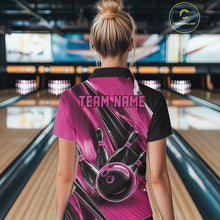 Load image into Gallery viewer, Back view of a female model in a black and pink bowling quarter-zip shirt showcasing speed streak bowling artwork.