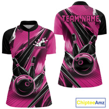 Load image into Gallery viewer, Front and back views of a black and pink womens bowling quarter-zip shirt featuring a bowling ball striking pins with dynamic speed streaks.