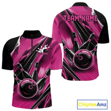 Load image into Gallery viewer, Front and back views of a black and pink mens bowling quarter-zip shirt featuring a bowling ball striking pins with dynamic speed streaks.