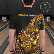 Load image into Gallery viewer, Back view of a male model in a black and gold bowling polo shirt showcasing flowing flame accents around bowling motifs.