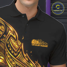 Load image into Gallery viewer, Close-up of the left chest on a black and gold bowling polo shirt featuring Polynesian-style bowling artwork with tribal flames.