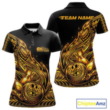 Load image into Gallery viewer, Front and back views of a black and gold womens bowling polo shirt featuring bowling ball and pin graphics accented by flowing tribal flames.