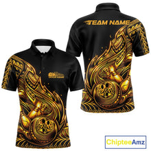 Load image into Gallery viewer, Front and back views of a black and gold mens bowling polo shirt featuring bowling graphics with flowing tribal flames and Polynesian styling.