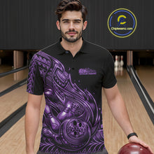 Load image into Gallery viewer, Male model wearing a black and purple bowling polo shirt at the bowling lane with Polynesian-style bowling graphics.