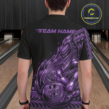 Load image into Gallery viewer, Back view of a male model in a black and purple bowling polo shirt showcasing tribal flame bowling artwork.
