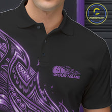 Load image into Gallery viewer, Left chest close-up of a black and purple bowling polo shirt displaying bowling motifs accented by flowing tribal flames.