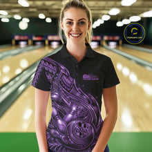 Load image into Gallery viewer, Female model wearing a black and purple bowling polo shirt at the bowling lane with Polynesian-style bowling graphics.