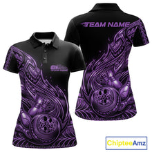Load image into Gallery viewer, Front and back views of a black and purple womens bowling polo shirt showcasing bowling artwork with flowing tribal flame details.